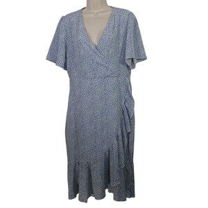 Shein Blue Printed Faux Wrap Dress With Ruffle Short Sleeves Women Size XL US 12